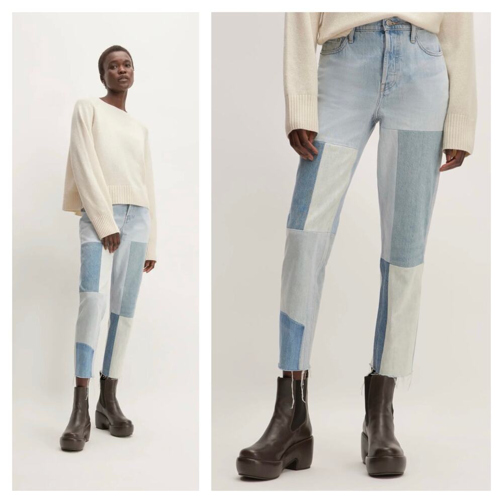 Everlane The 90s Cheeky Mended Jeans Size 26 Patchwork Indigo Crop Raw Hem